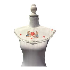 Vintage Handpainted White Collar Eyelet Trim Bear Hearts